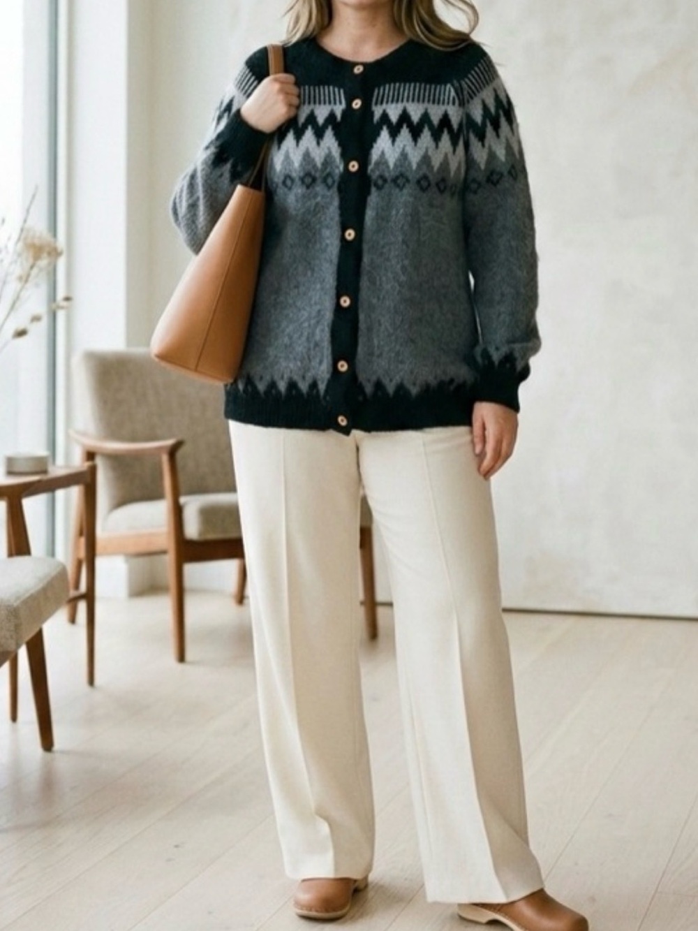 Gamboa Alpaca Wool Button Down Cardigan Sweater Gray Black Fair Isle Longline L